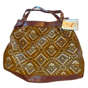 Kotur Suede Leather Beaded Satchel Large Tote Bag Rare NWT